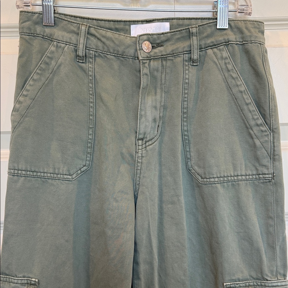 Vervet high Rise Army Olive Green Utility Pants Cargo Wide-Leg Jeans 27 - Picture 2 of 7